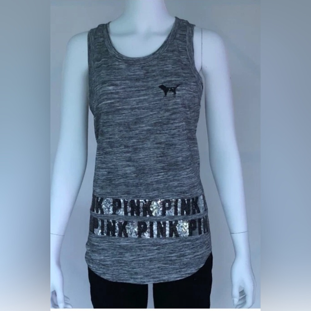 Victoria's Secret PINK Dog Logo TANK TOP Womens Size S Gray Sequin Dog Spellout